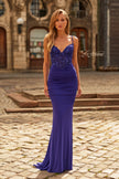 Picture of: Rhinestone Lace Jersey Gown with Ruched Back and Crisscross Straps in Indigo, Style: 33504, Detail Picture 1