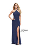 Picture of: Long Sparkly Dress with High Neckline and Side Slit in Indigo, Style: 25346, Detail Picture 2