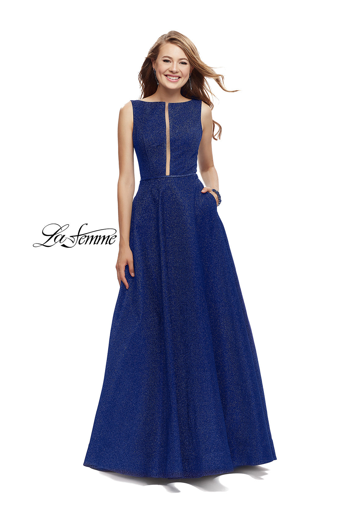 Picture of: High Neck Sparkling A-line Dress with Strappy Open Back in Indigo, Style: 25895, Detail Picture 2