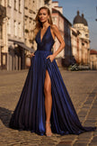 Picture of: A-line Metallic Net Jersey Halter Gown with High Slit in Indigo , Style 32917, Detail Picture 2