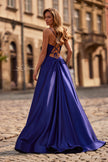 Picture of: A-Line Satin Gown with Draped Bodice, Slit, and Lace-Up Back in Indigo, Style: 33373, Detail Picture 2