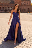 Picture of: Strapless Satin A-Line Gown with Draped Bodice and High Slit in Indigo, Style: 33417, Detail Picture 2
