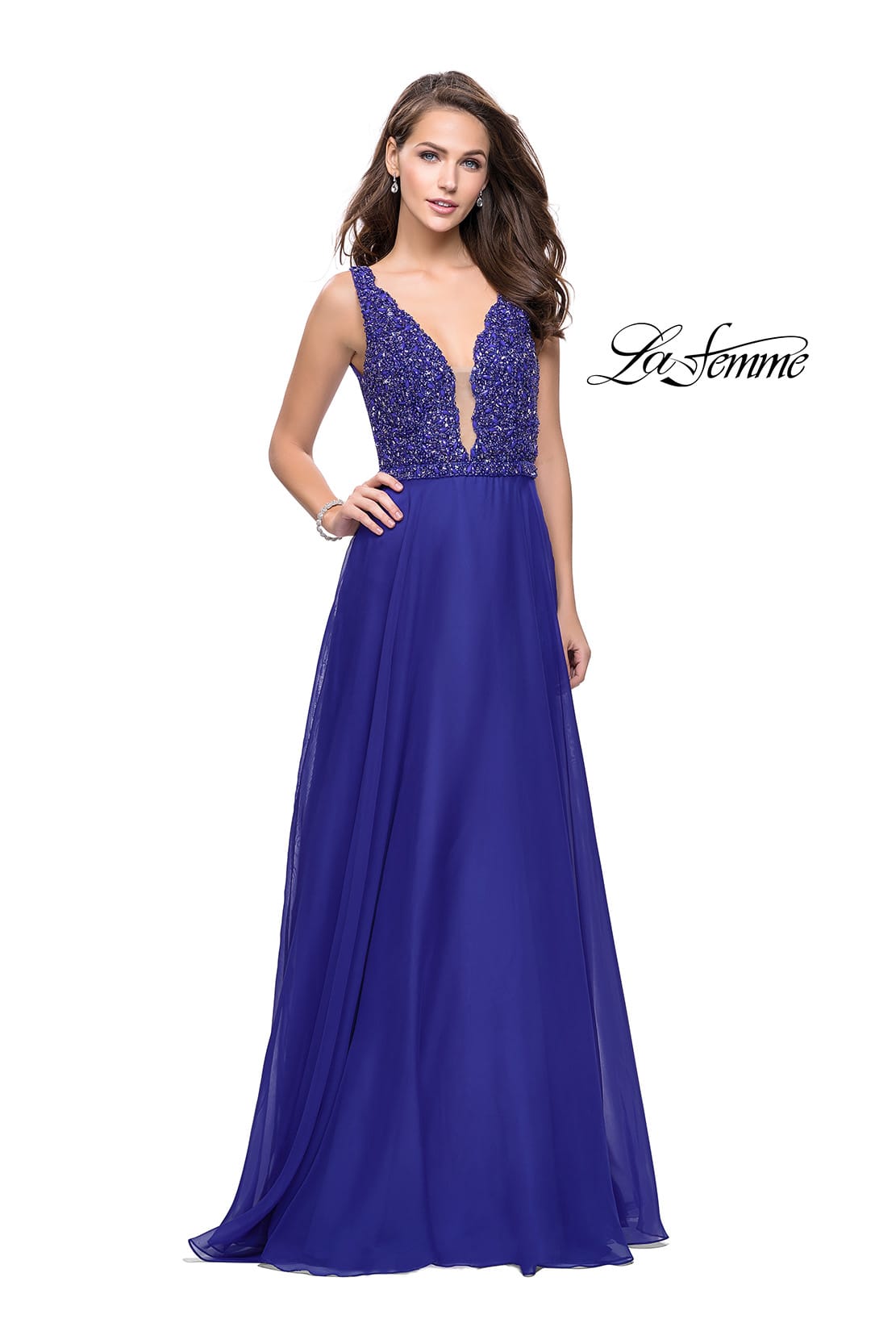 Picture of: A-Line Prom Gown with Chiffon Skirt and Beaded Bodice in Indigo, Style: 26053, Detail Picture 3