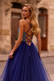 Picture of: A-line Tulle Gown with Draped Mesh Rhinestone Bodice in Indigo , Style: 32838, Detail Picture 3