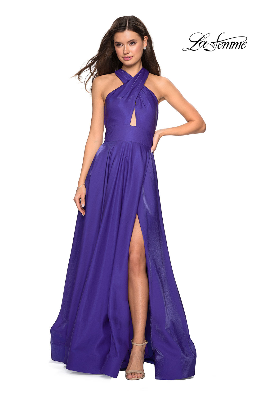 Picture of: Tone Tone Satin Dress with Wrap Around High Neckline in Indigo, Style: 27151, Detail Picture 4