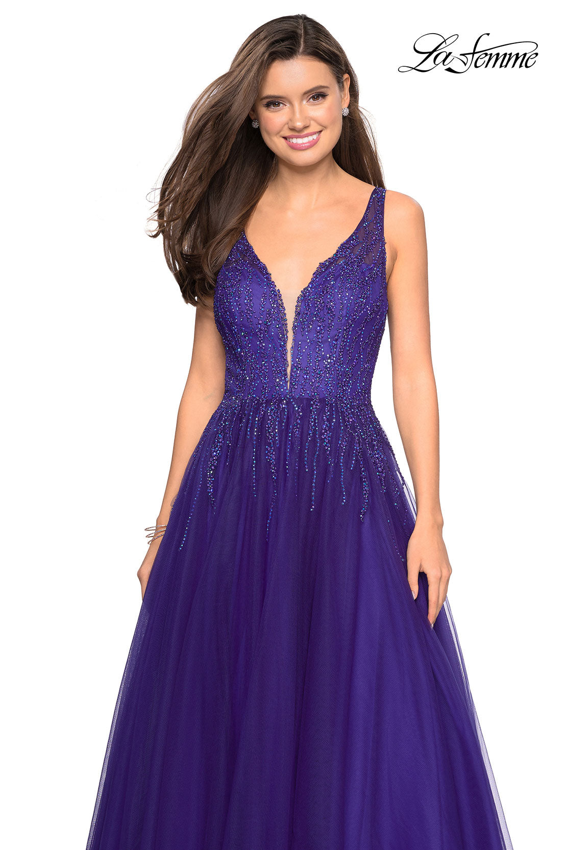 Picture of: A-Line Prom Dress with Rhinestones and Deep V Back in Indigo, Style: 27688, Detail Picture 5