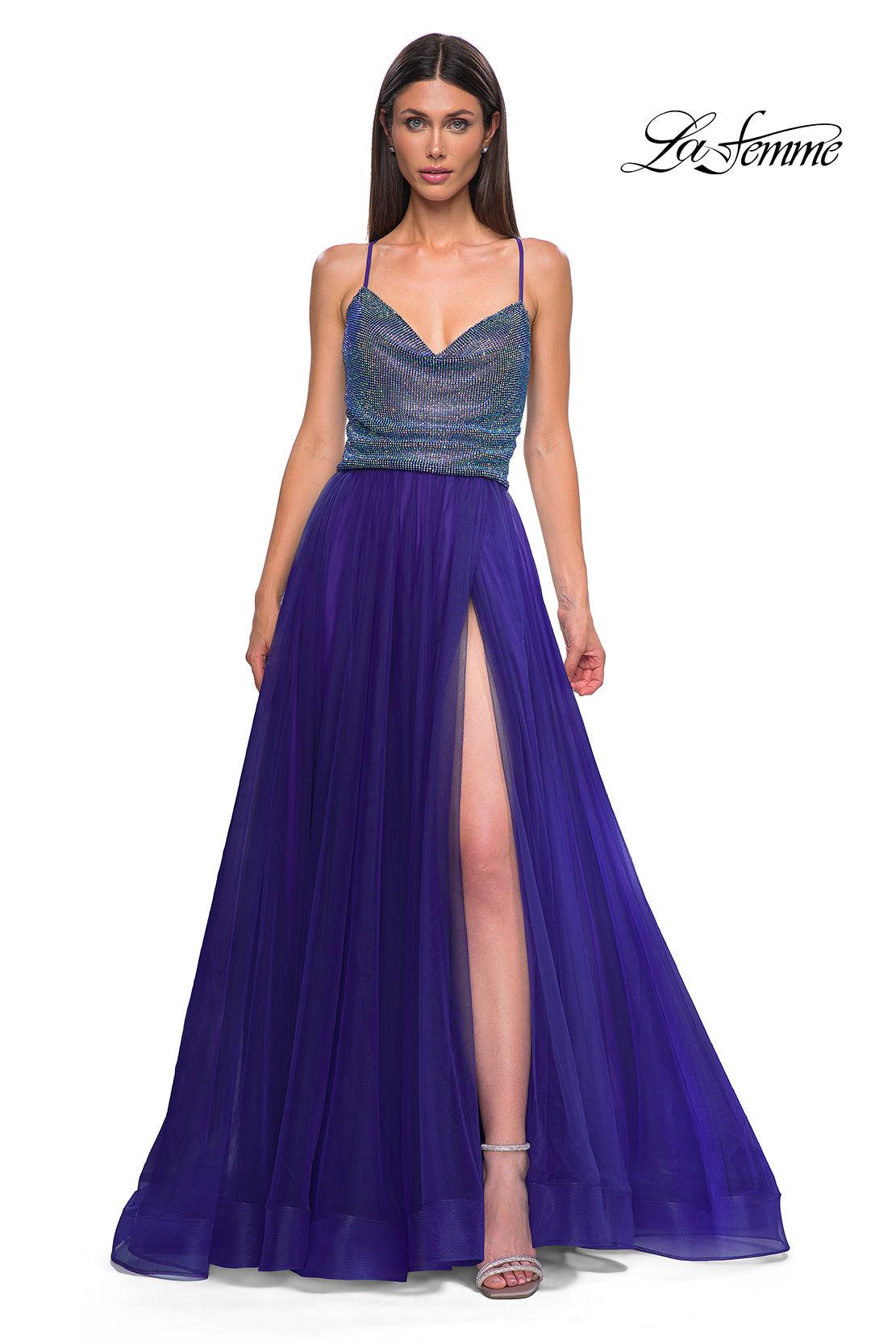 Picture of: A-line Tulle Gown with Draped Mesh Rhinestone Bodice in Indigo , Style 32838, Detail Picture 5