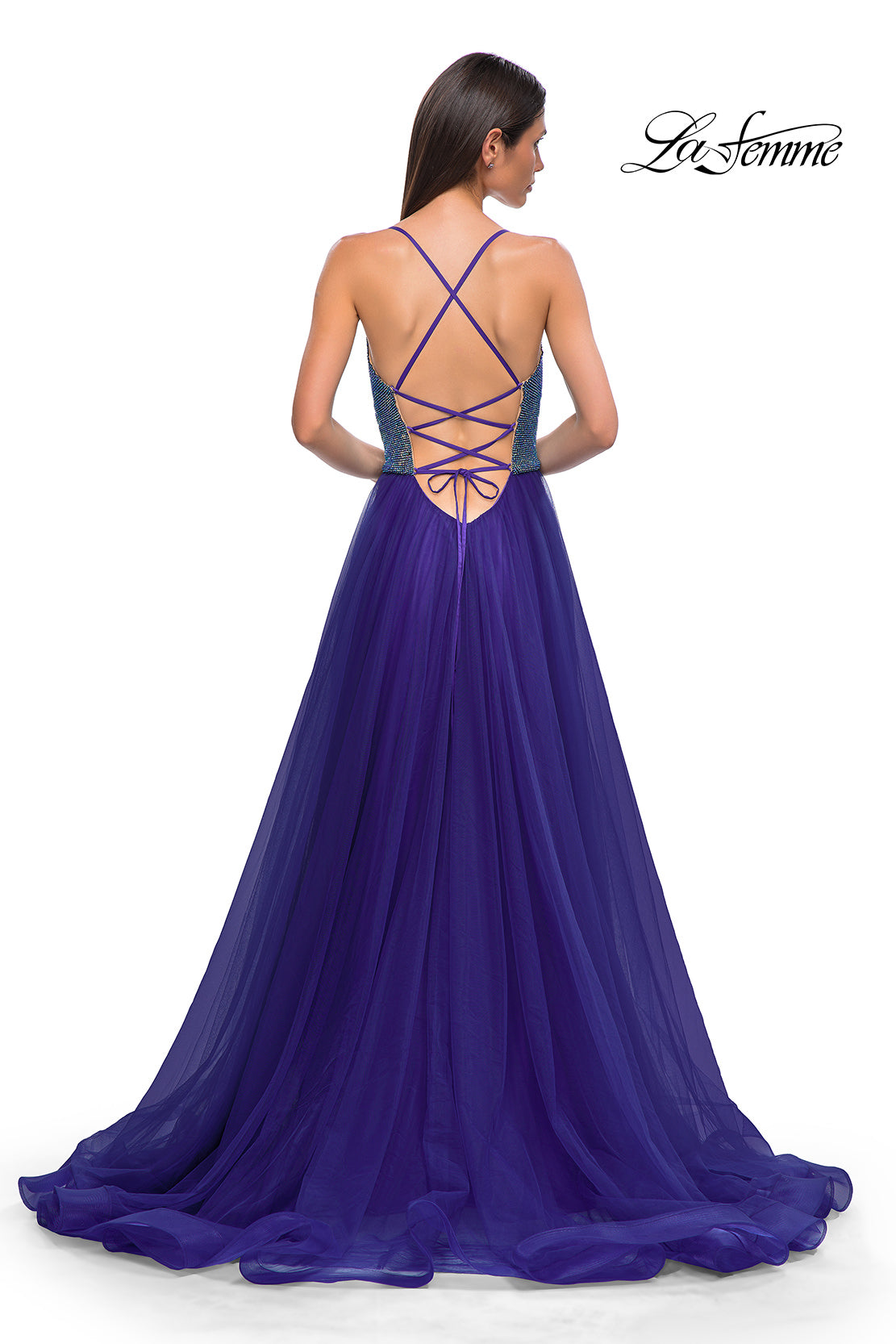 Picture of: A-line Tulle Gown with Draped Mesh Rhinestone Bodice in Indigo , Style 32838, Detail Picture 6