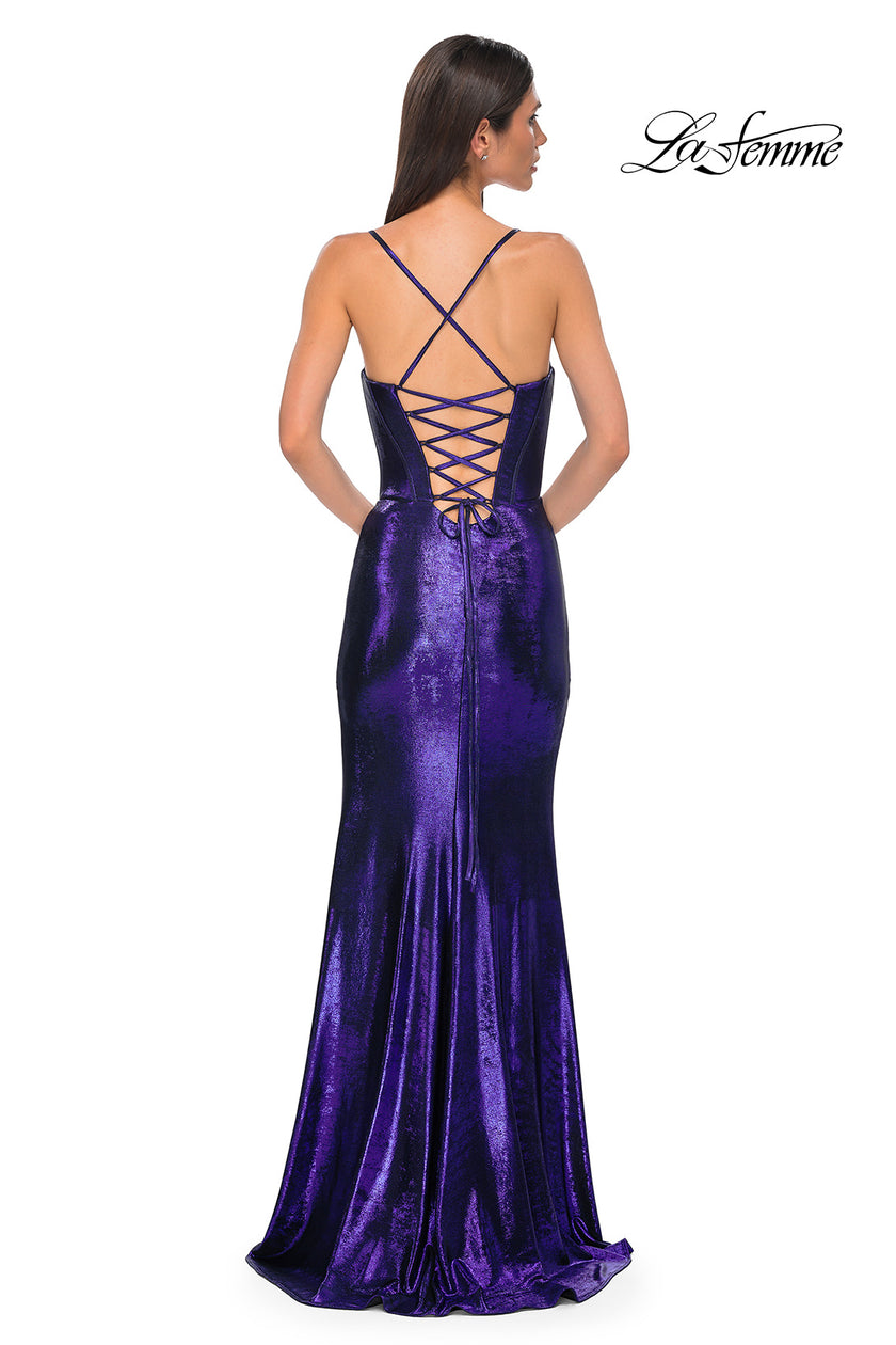 Picture of: Fitted Metallic Jersey Prom Dress with Corset Style Top in Indigo , Style 32877, Detail Picture 6
