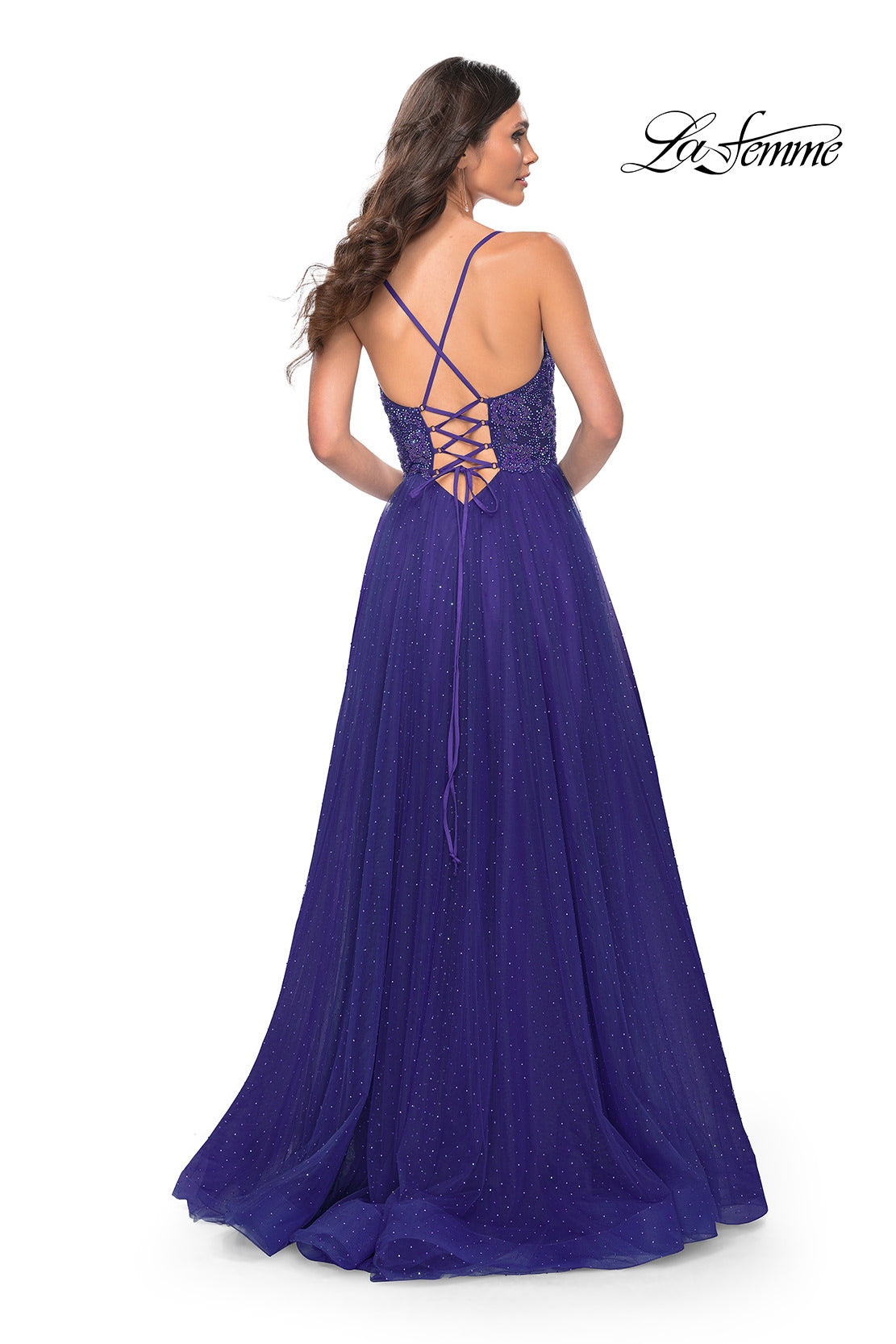 Picture of: Beautiful Rhinestone Beaded Illusion Top Tulle Prom Dress in Blue, Style: 32020, Detail Picture 7