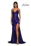 Picture of: Brushed Metallic Jersey Simple Prom Dress with Ruching in Indigo, Style: 32812, Detail Picture 7