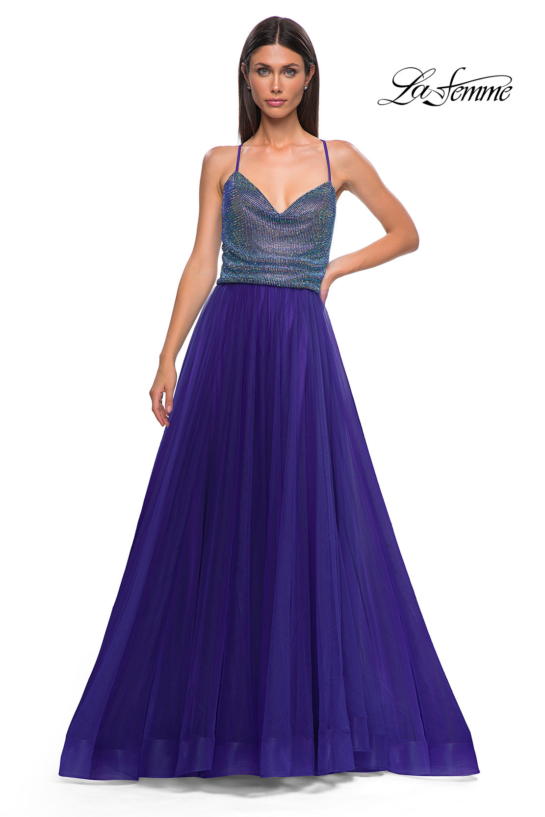 Picture of: A-line Tulle Gown with Draped Mesh Rhinestone Bodice in Indigo , Style 32838, Detail Picture 7