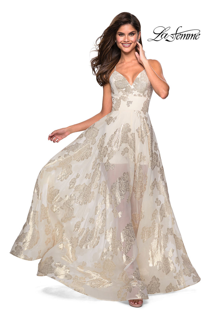 Picture of: Sheer Floral Silk Burnout Prom Dress with Shorts in Ivory gold, Style: 27547, Main Picture