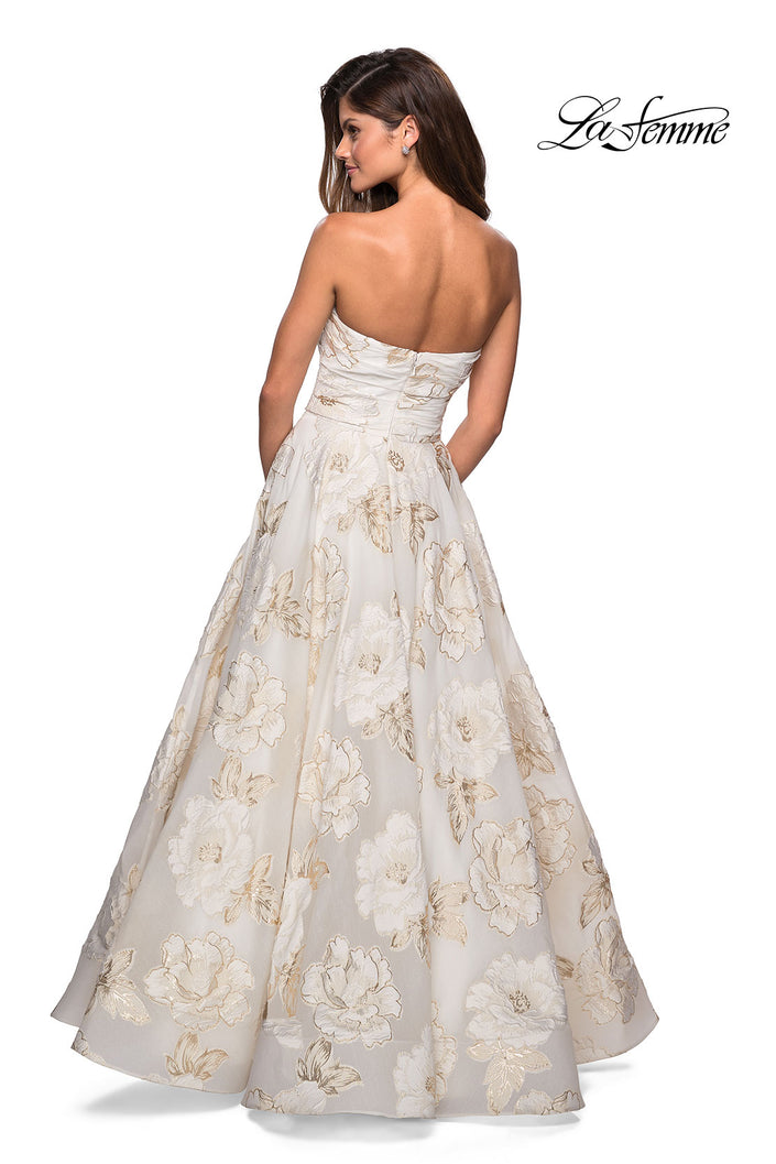 Picture of: Strapless Floral A Line Ball Gown with Pockets in Ivory Gold, Style: 27207, Back Picture