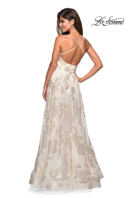 Picture of: Sheer Floral Silk Burnout Prom Dress with Shorts in Ivory Gold, Style: 27547, Back Picture