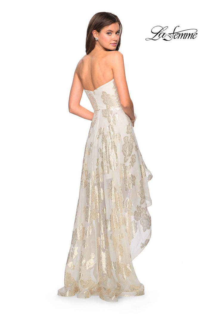 Picture of: Strapless Metallic Floral High Low Prom Dress in Ivory/Gold, Style: 27753, Back Picture