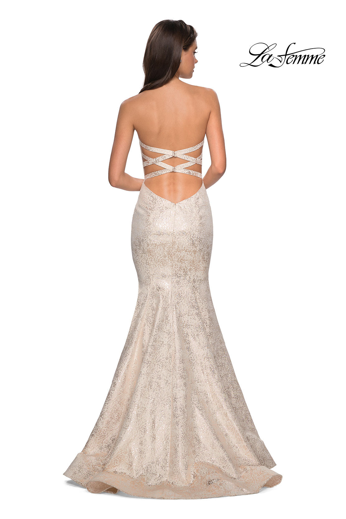 Picture of: Strapless Mermaid Jacquard Prom Dress in Ivory/Gold, Style: 27789, Back Picture