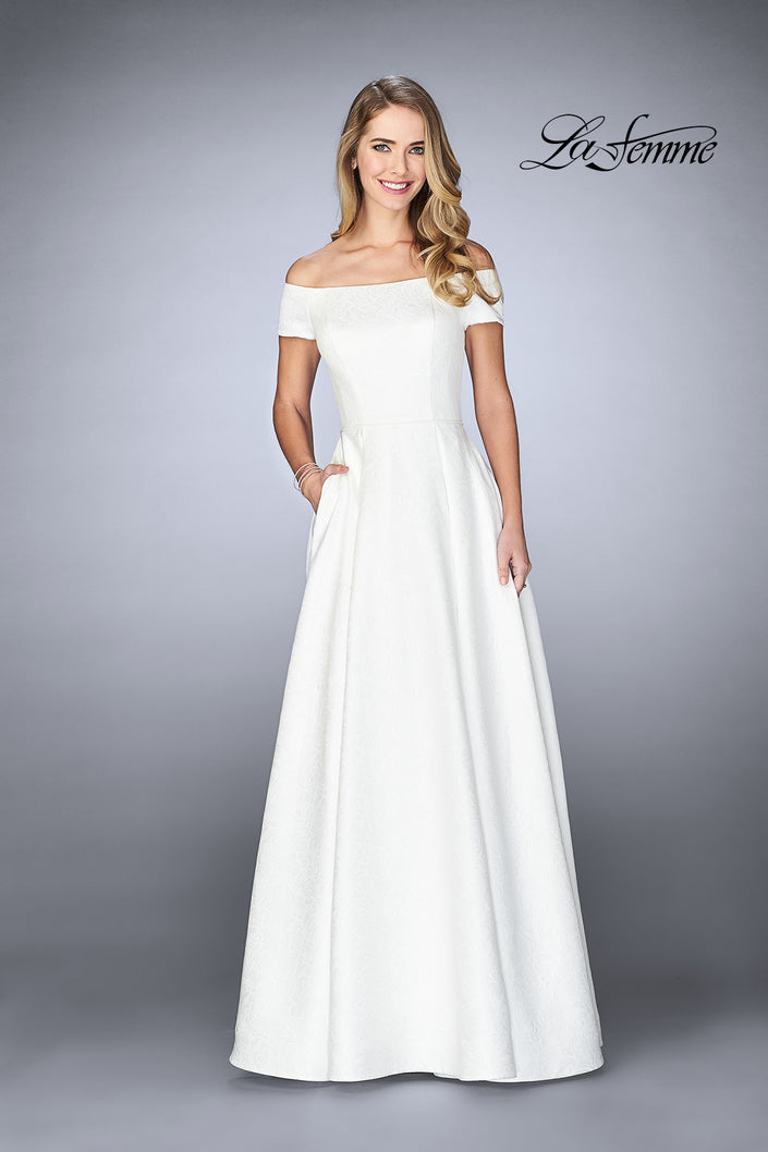 Picture of: Off The Shoulder Jacquard Gown With Small Sleeves in Ivory, Style: 24859, Detail Picture 1