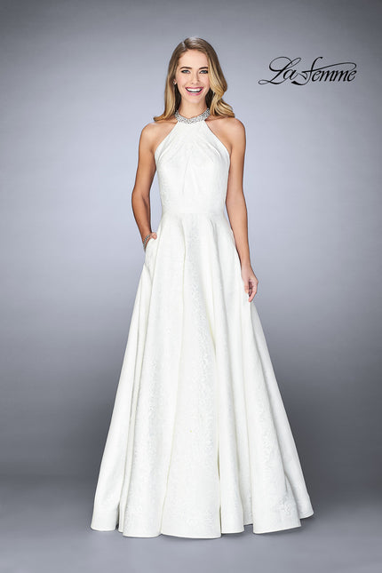 Picture of: Gathered Halter Neck Dress with Patterned A-line Skirt in Ivory, Style: 24888, Detail Picture 1