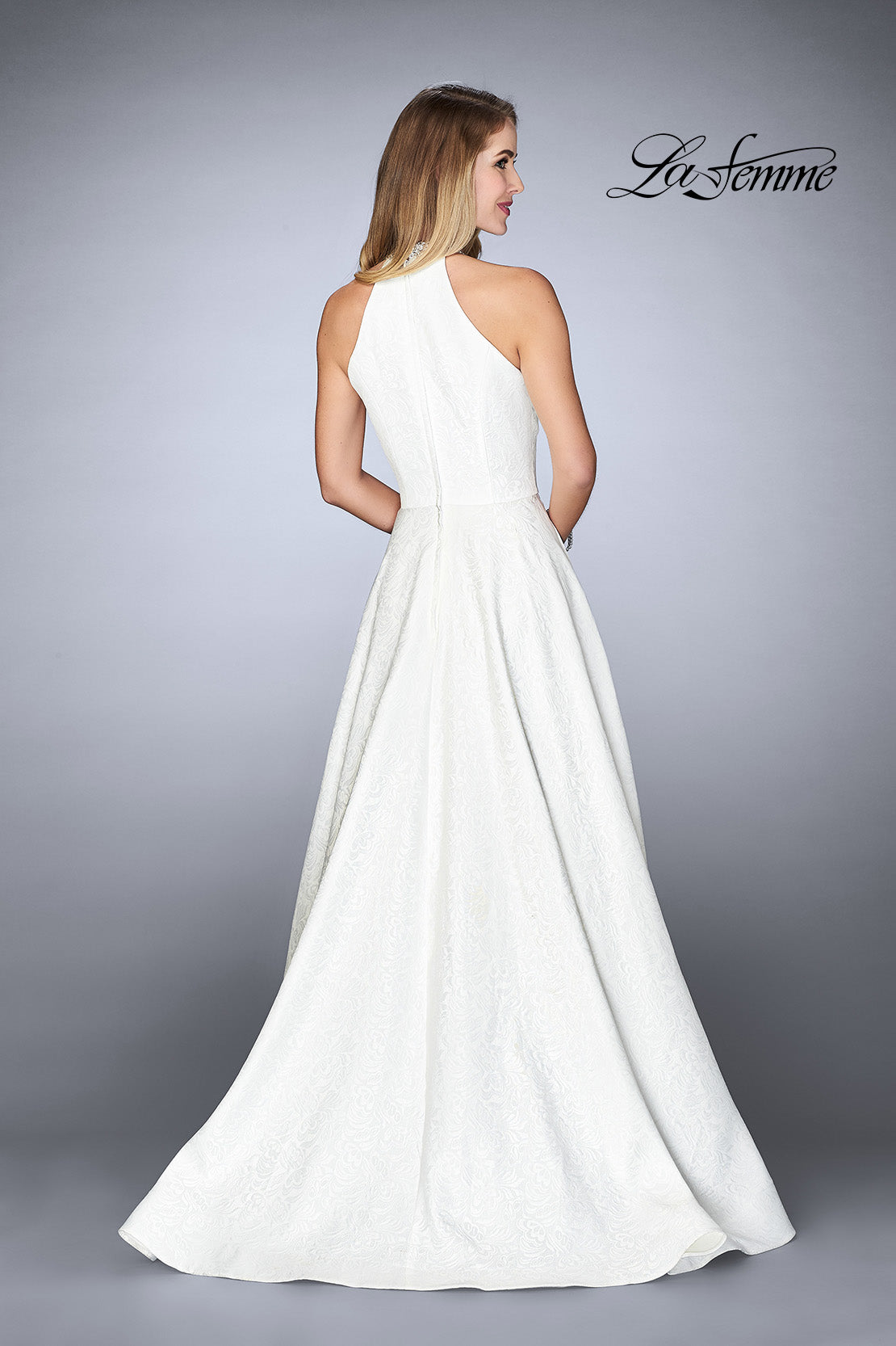 Picture of: Gathered Halter Neck Dress with Patterned A-line Skirt in Ivory, Style: 24888, Detail Picture 2