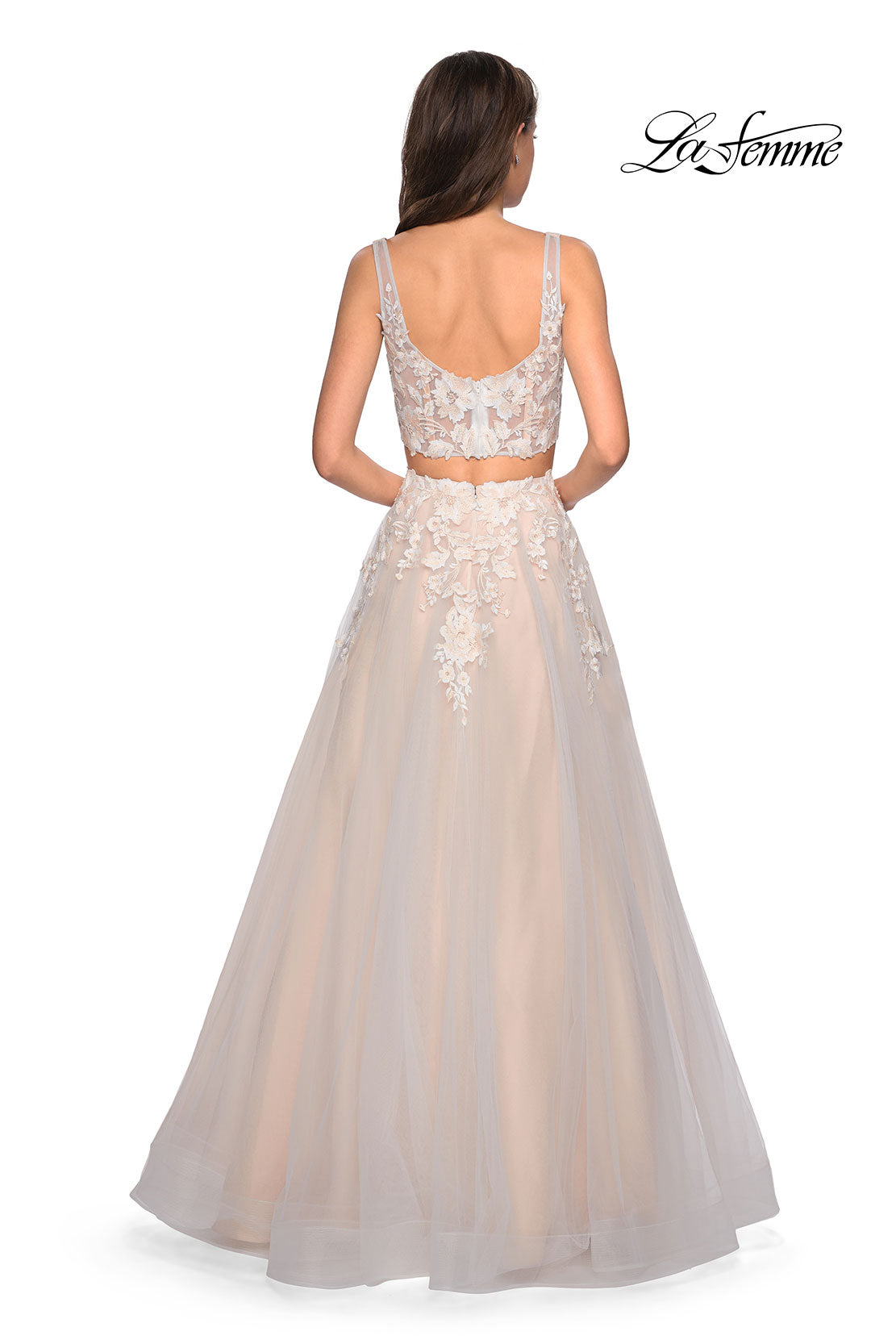 Picture of: Two Piece Tulle Dress with Cascading Applique Detail in Ivory/Nude, Style: 27635, Back Picture