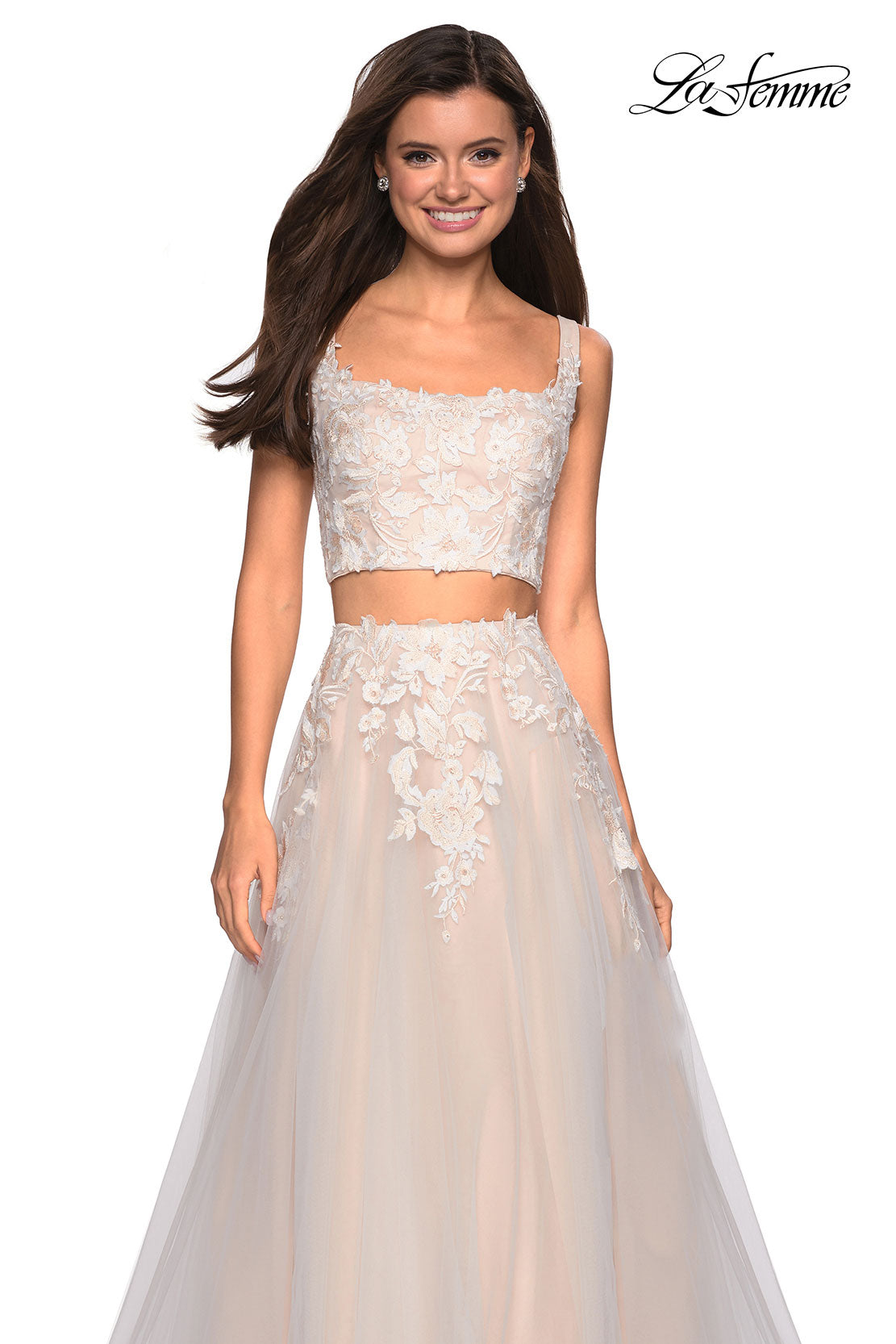 Picture of: Two Piece Tulle Dress with Cascading Applique Detail in Ivory/Nude, Style: 27635, Detail Picture 1