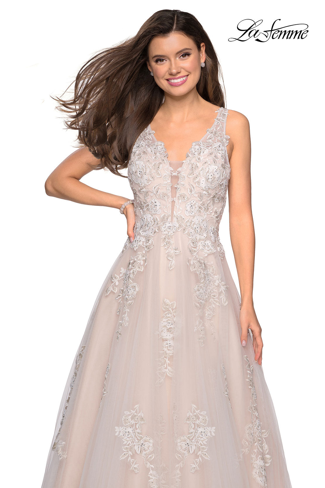 Picture of: A-Line Ball Gown with Sparkling Floral Appliques in Ivory Nude, Style: 27727, Detail Picture 1