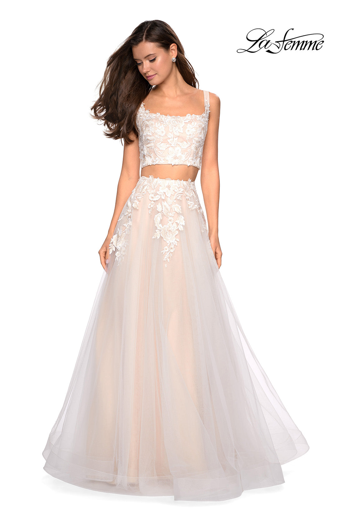 Picture of: Two Piece Tulle Dress with Cascading Applique Detail in Ivory/Nude, Style: 27635, Detail Picture 3