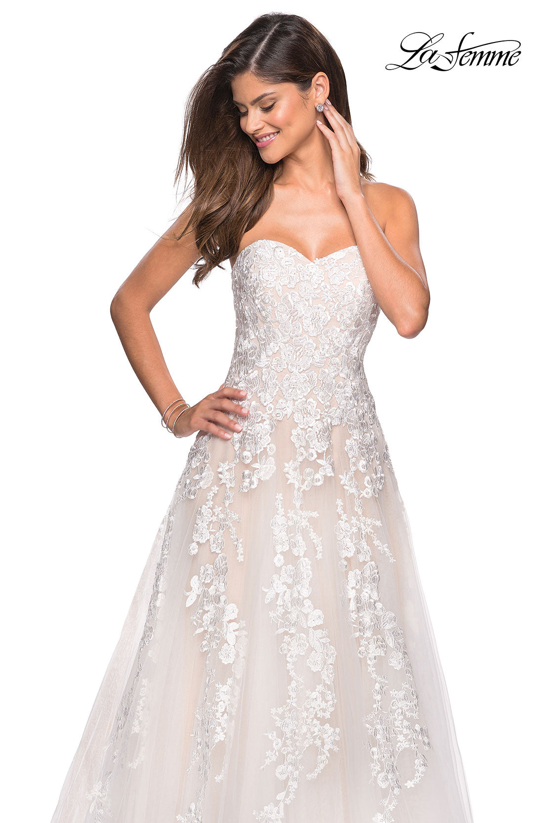 Picture of: Strapless Tulle Prom Dress with Lace Appliques in Ivory Nude, Style: 27269, Detail Picture 6