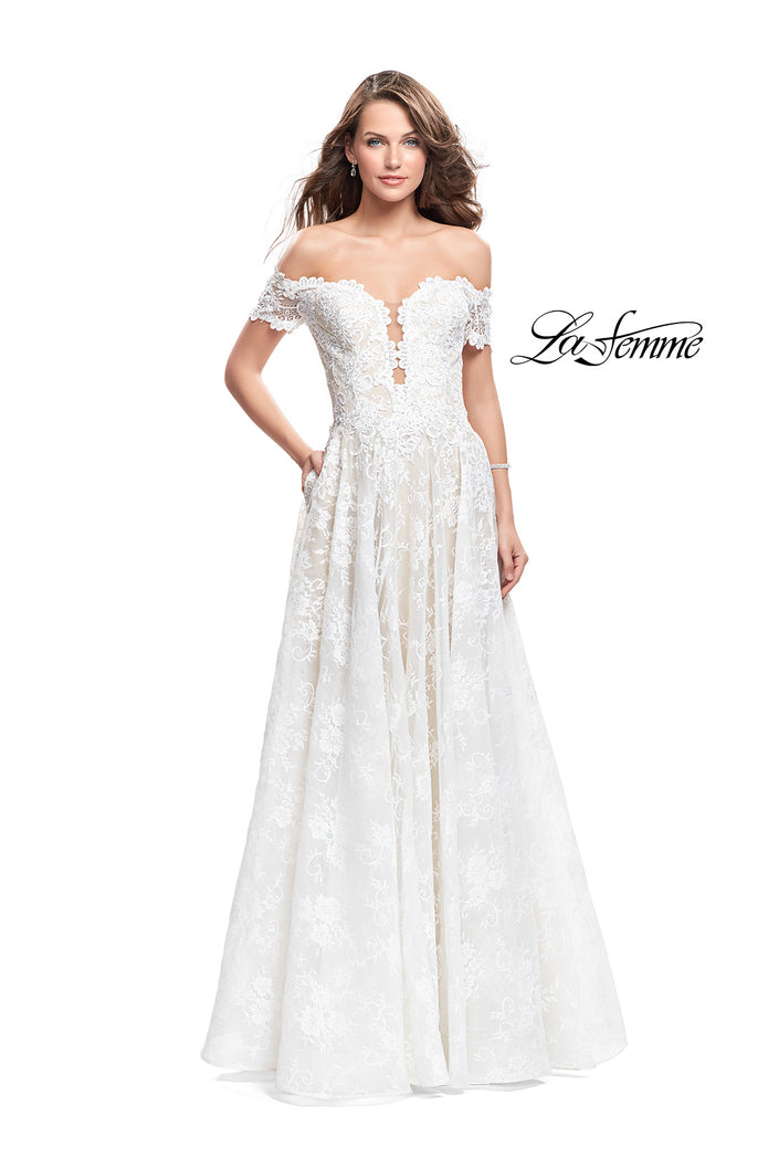 Picture of: Off the Shoulder beaded Lace A-line Prom Dress in Ivory, Style: 26254, Main Picture