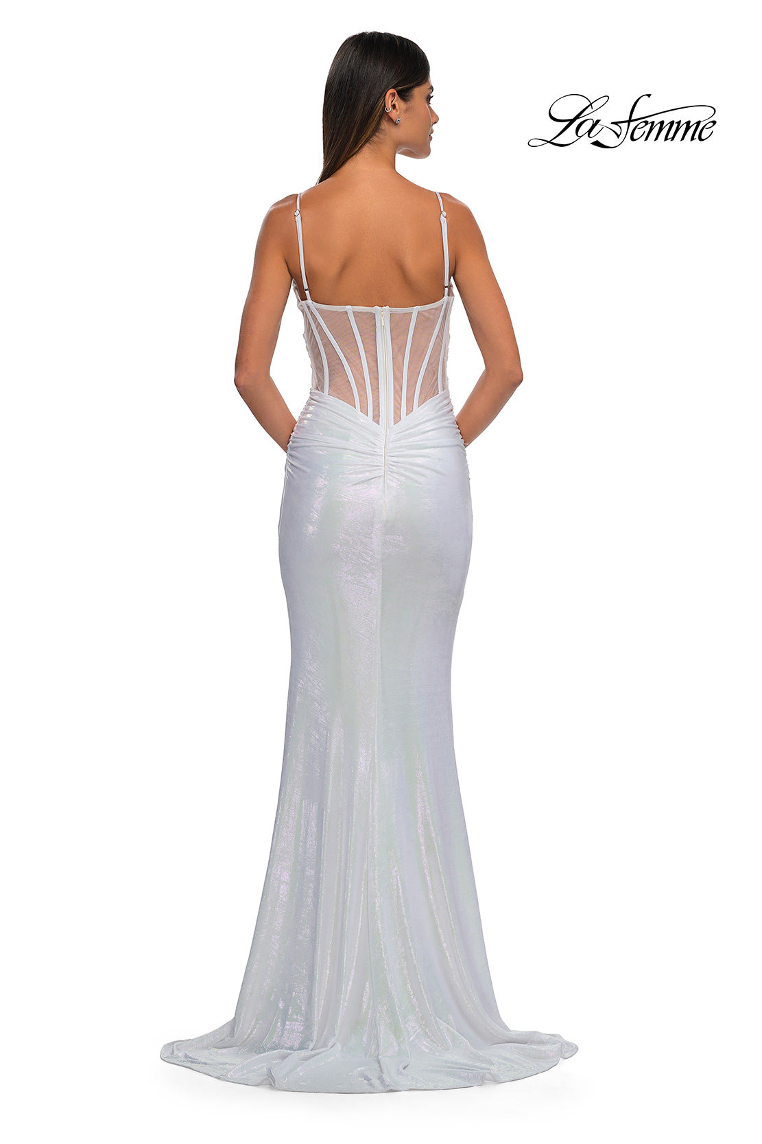 Picture of: Gorgeous Metallic Prom Dress with Ruching and Illusion Back in Ivory, Style: 33034, Detail Picture 8