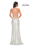 Picture of: Ruched Metallic Jersey Dress with Open Lace Up Back in Ivory , Style 32945, Detail Picture 12