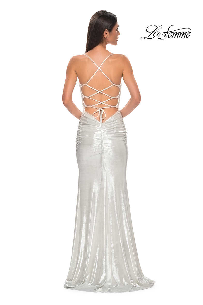 Picture of: Ruched Metallic Jersey Dress with Open Lace Up Back in Ivory , Style 32945, Detail Picture 12