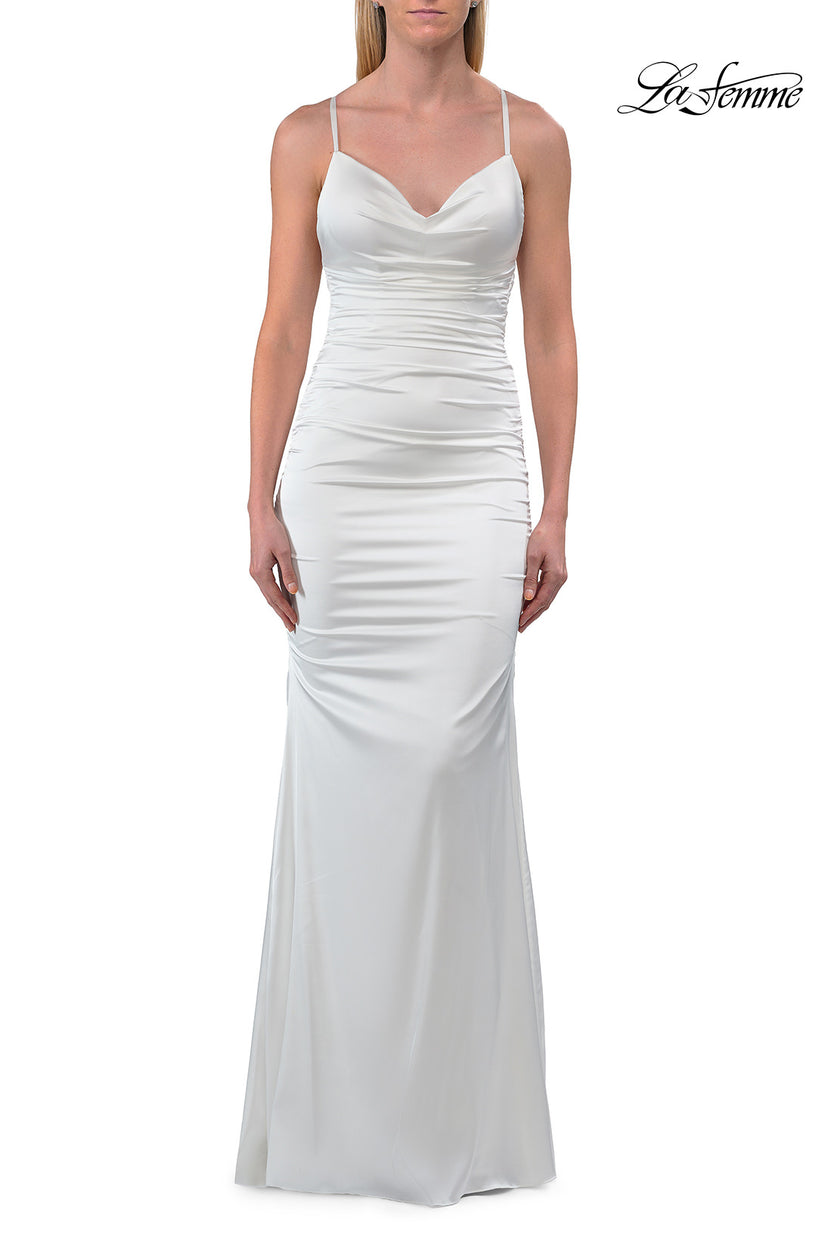 Picture of: Satin Gown with Cowl Neck and Open Back in Ivory, Style: 33193, Detail Picture 13