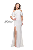 Picture of: Long Jersey Prom Dress with Off the Shoulder Ruffle Detail in Ivory, Style: 25556, Back Picture