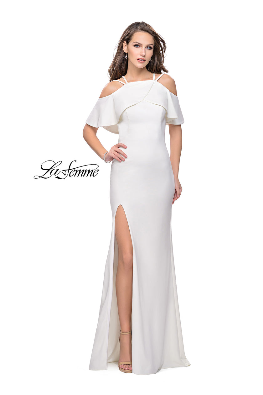 Picture of: Long Jersey Prom Dress with Off the Shoulder Ruffle Detail in Ivory, Style: 25556, Back Picture