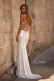 Picture of: Ruched Metallic Jersey Dress with Open Lace Up Back in Ivory , Style 32945, Back Picture