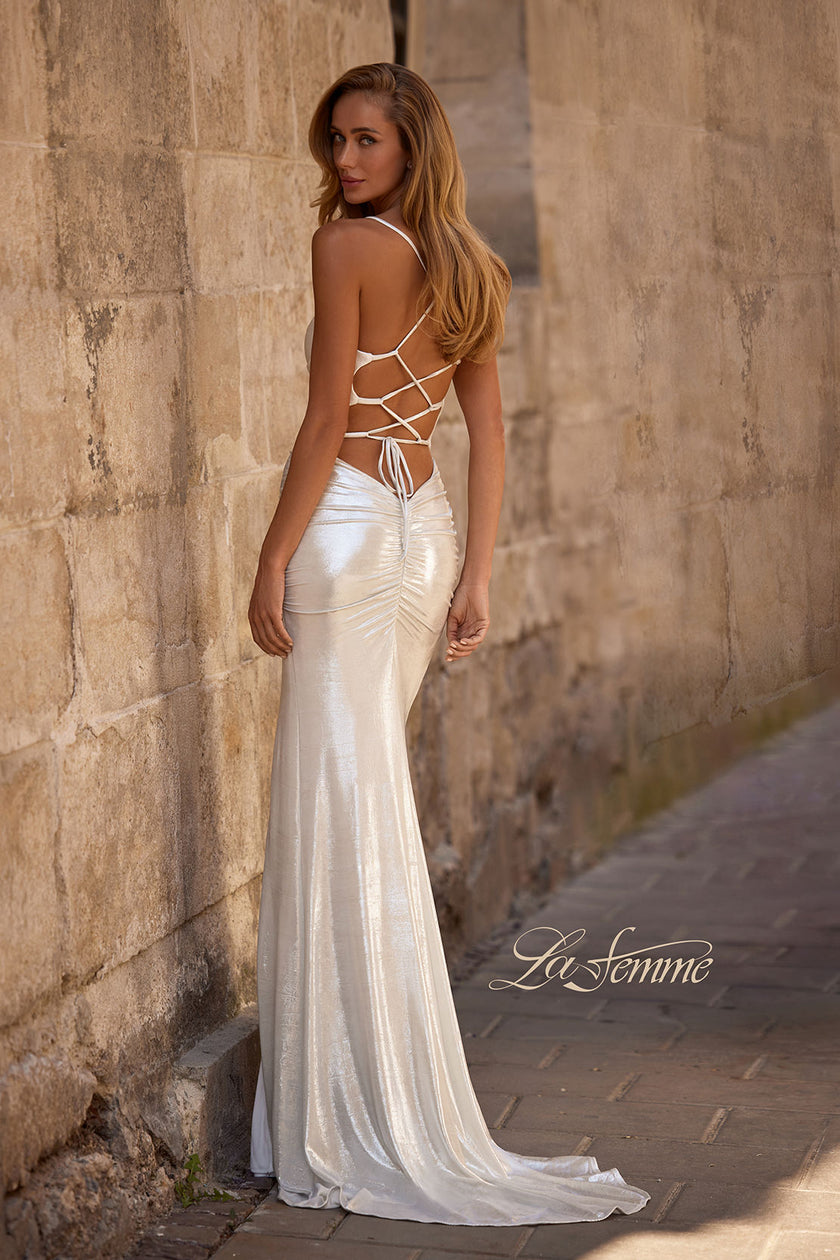 Picture of: Ruched Metallic Jersey Dress with Open Lace Up Back in Ivory , Style 32945, Back Picture