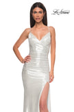 Picture of: Ruched Metallic Jersey Dress with Open Lace Up Back in Ivory , Style 32945, Detail Picture 19