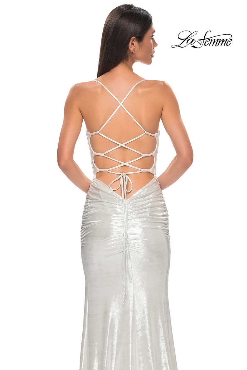Picture of: Ruched Metallic Jersey Dress with Open Lace Up Back in Ivory , Style 32945, Detail Picture 20