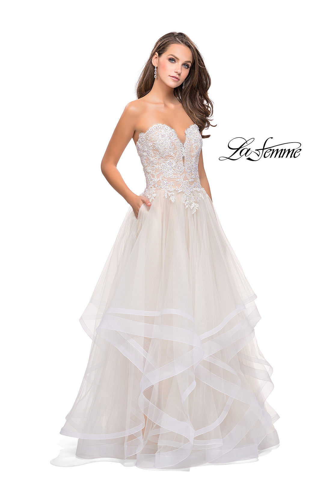Picture of: Strapless Ruffle Tulle Ball Gown with Beaded Lace Bodice in Ivory, Style: 25515, Detail Picture 1