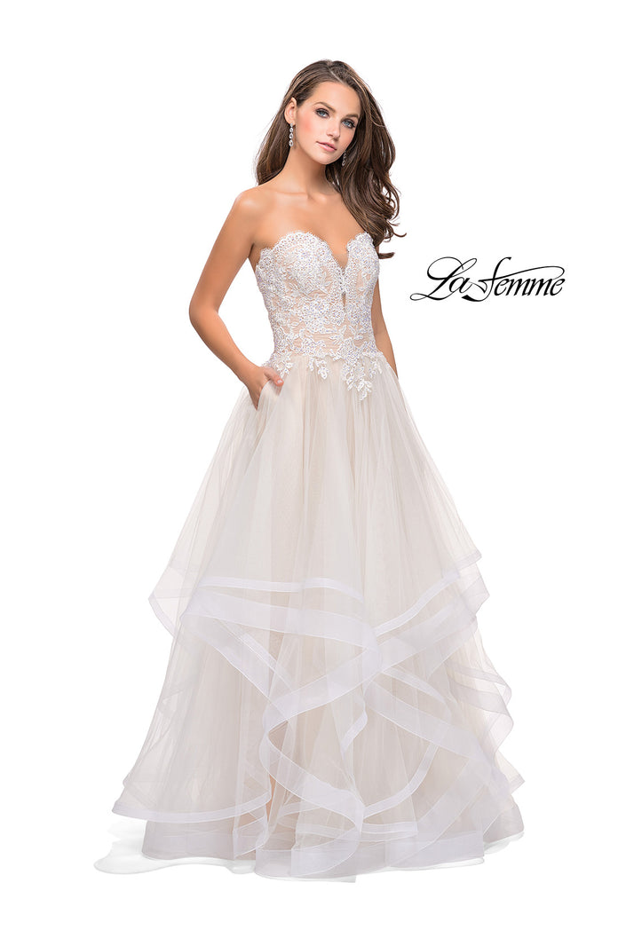 Picture of: Strapless Ruffle Tulle Ball Gown with Beaded Lace Bodice in Ivory, Style: 25515, Detail Picture 1