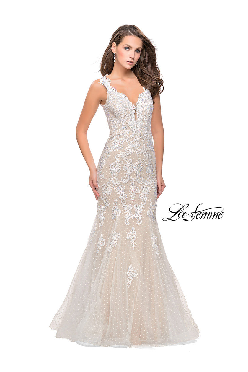 Picture of: Long Polka Dot Tulle Dress with Lace and Beading in Ivory, Style: 25961, Detail Picture 1