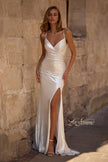 Picture of: Ruched Metallic Jersey Dress with Open Lace Up Back in Ivory , Style 32945, Detail Picture 1