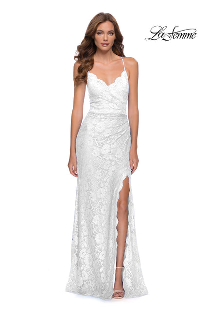 Picture of: Lace Long Dress with Scallop Detail on Skirt Slit in Ivory, Style 29939, Detail Picture 2
