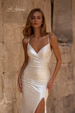 Picture of: Ruched Metallic Jersey Dress with Open Lace Up Back in Ivory , Style 32945, Detail Picture 3