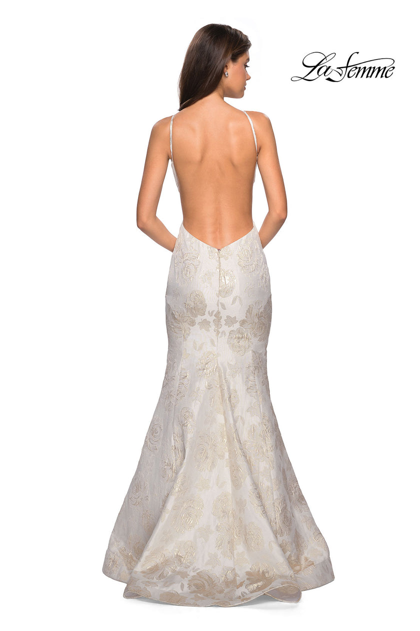 Picture of: Long Floral Mermaid Prom Dress with High Neckline in Ivory/Silver, Style: 27796, Main Picture