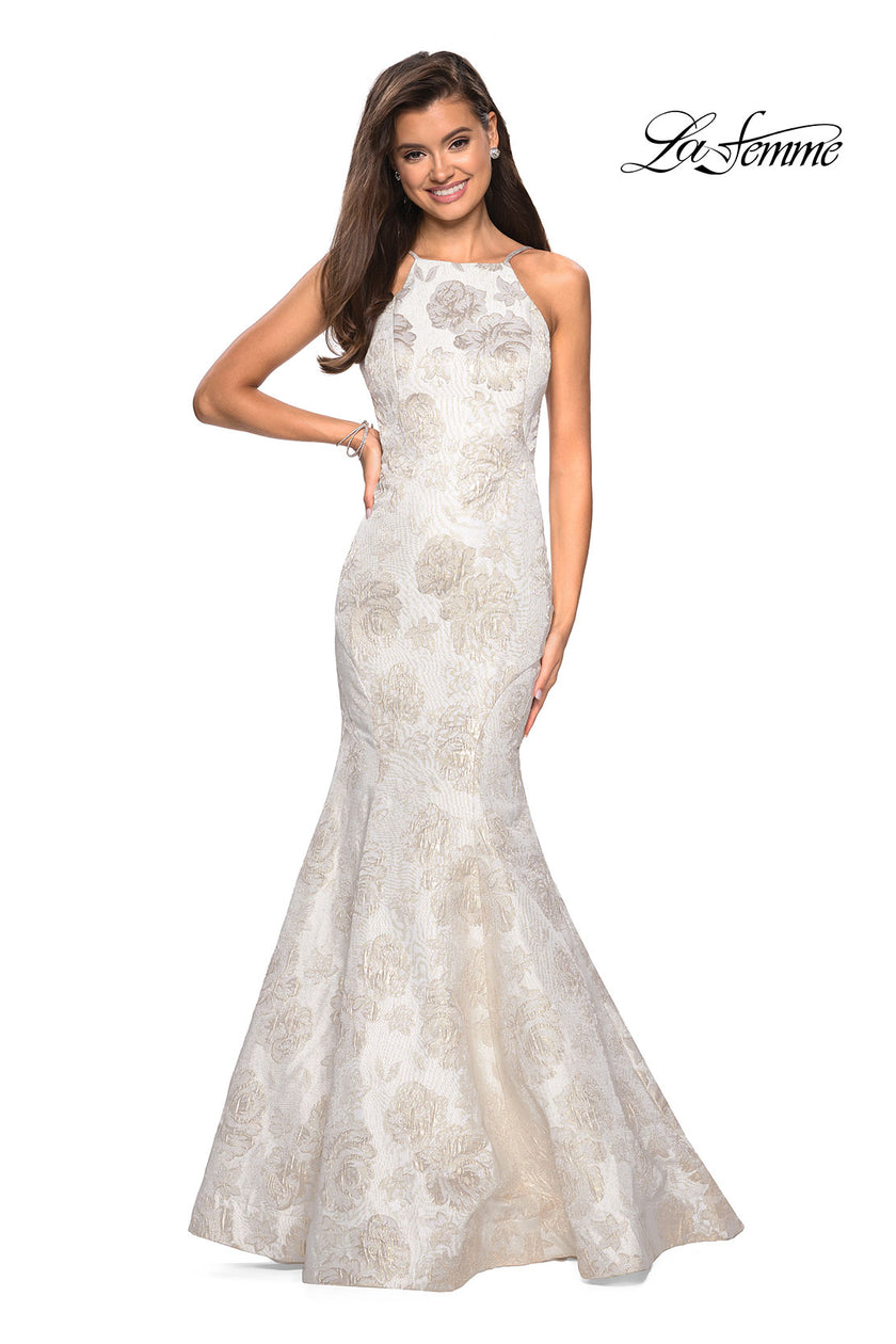 Picture of: Long Floral Mermaid Prom Dress with High Neckline in Ivory/Silver, Style: 27796, Back Picture