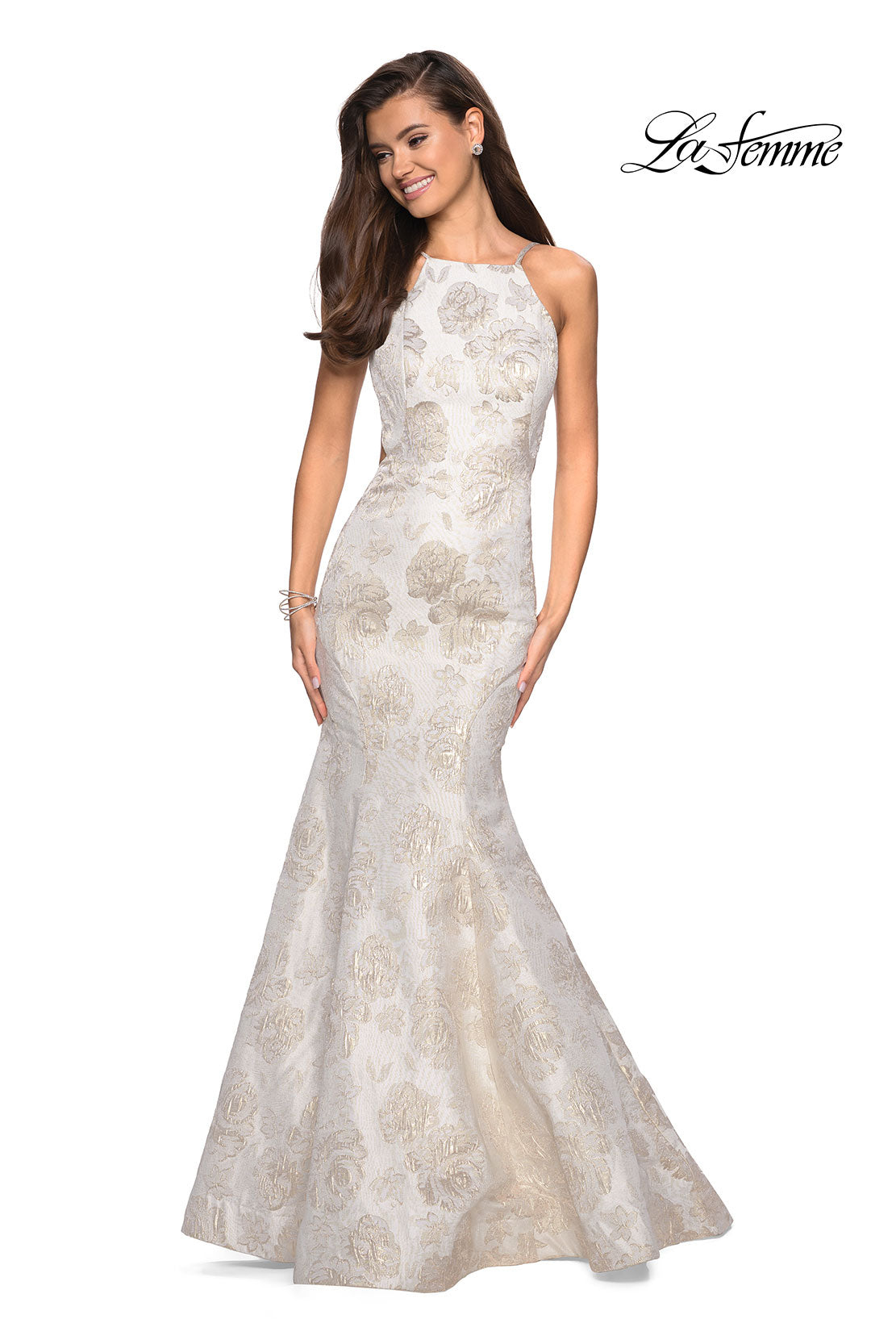 Picture of: Long Floral Mermaid Prom Dress with High Neckline in Ivory/Silver, Style: 27796, Detail Picture 1