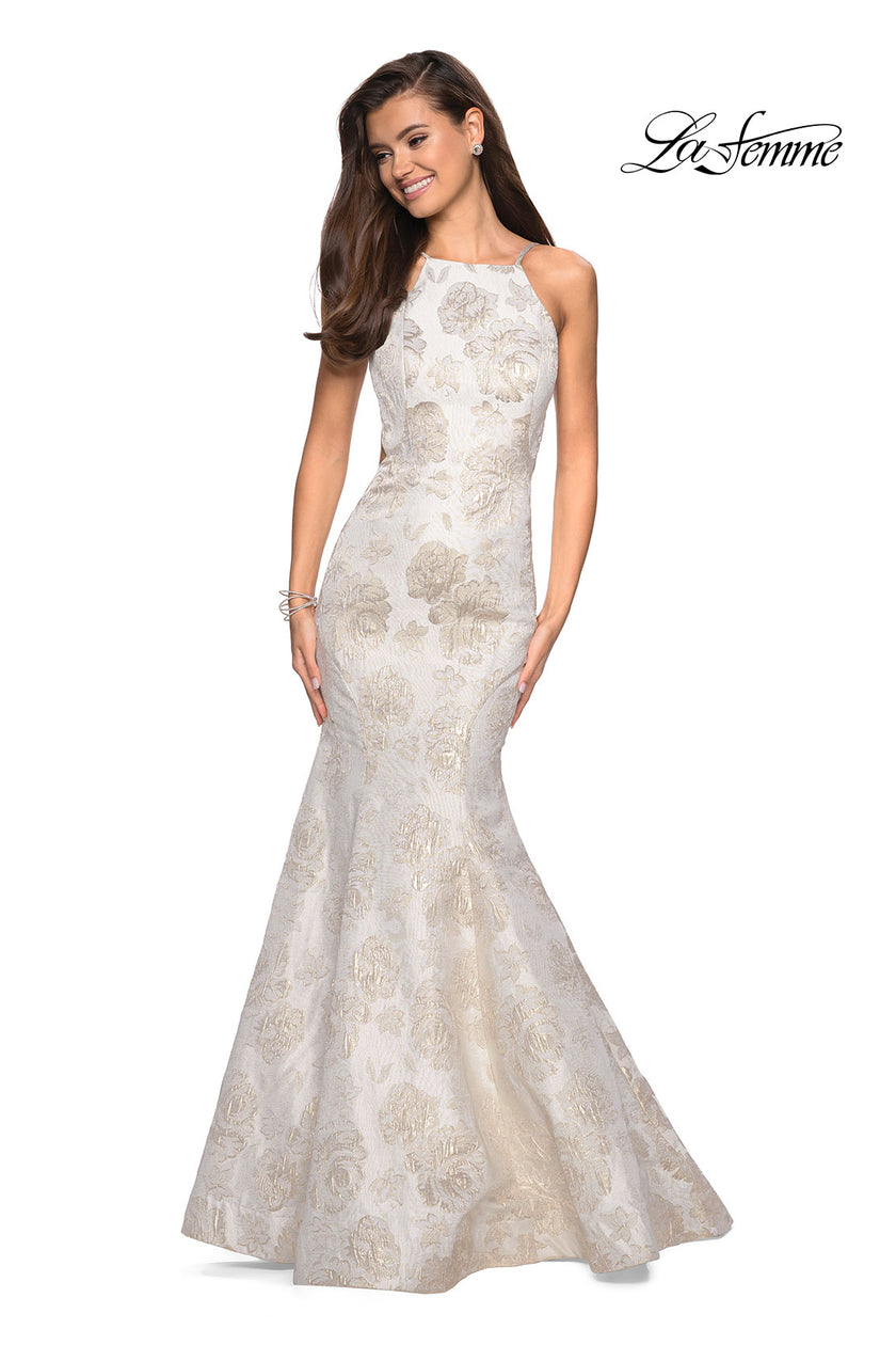 Picture of: Long Floral Mermaid Prom Dress with High Neckline in Ivory/Silver, Style: 27796, Detail Picture 1